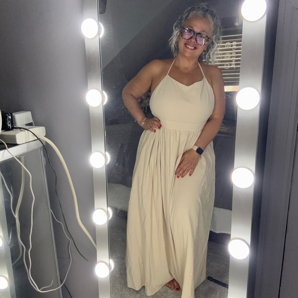 Commense Cream Halter Sleeveless Maxi Dress